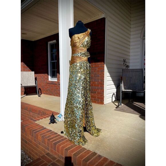 Mori Lee Women's Gold Sequin One-Shoulder Evening Gown Size 12 prom gala party Mori Lee Women's Gold Sequin One-Shoulder Evening Gown Size 12 prom gala party